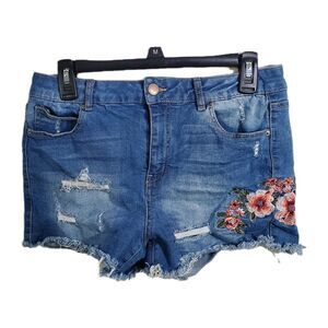 Wax Jeans Distressed Denim Shorts Floral Embroiderd Womans Size Lg Pants Flower